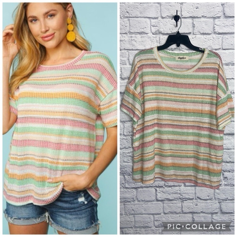 Haptics 1X Orange and Green Striped Waffle Knit Top